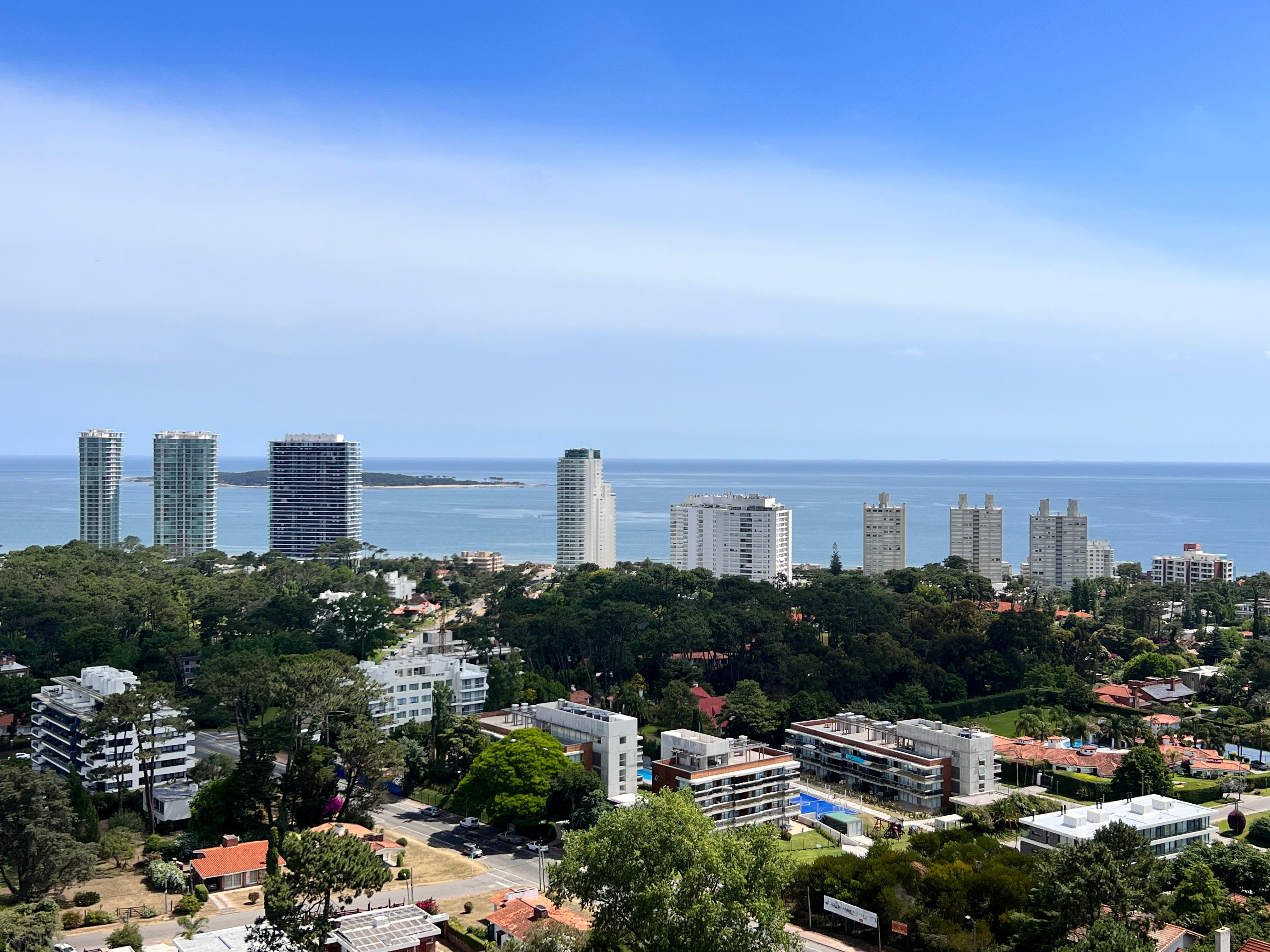 Panorámica de Punta del Este con vegetación, edificios y vista al mar